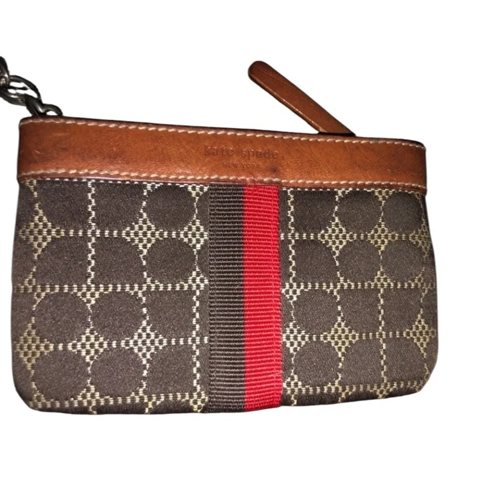Kate Spade Wristlet & keychain brown with black & Red details like new
